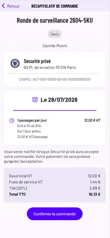 Récapitulatif de commande d’une ronde de surveillance